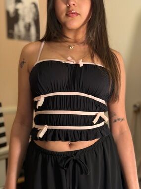 Black Babydoll Crop Top with Pale Pink Trim and Bows